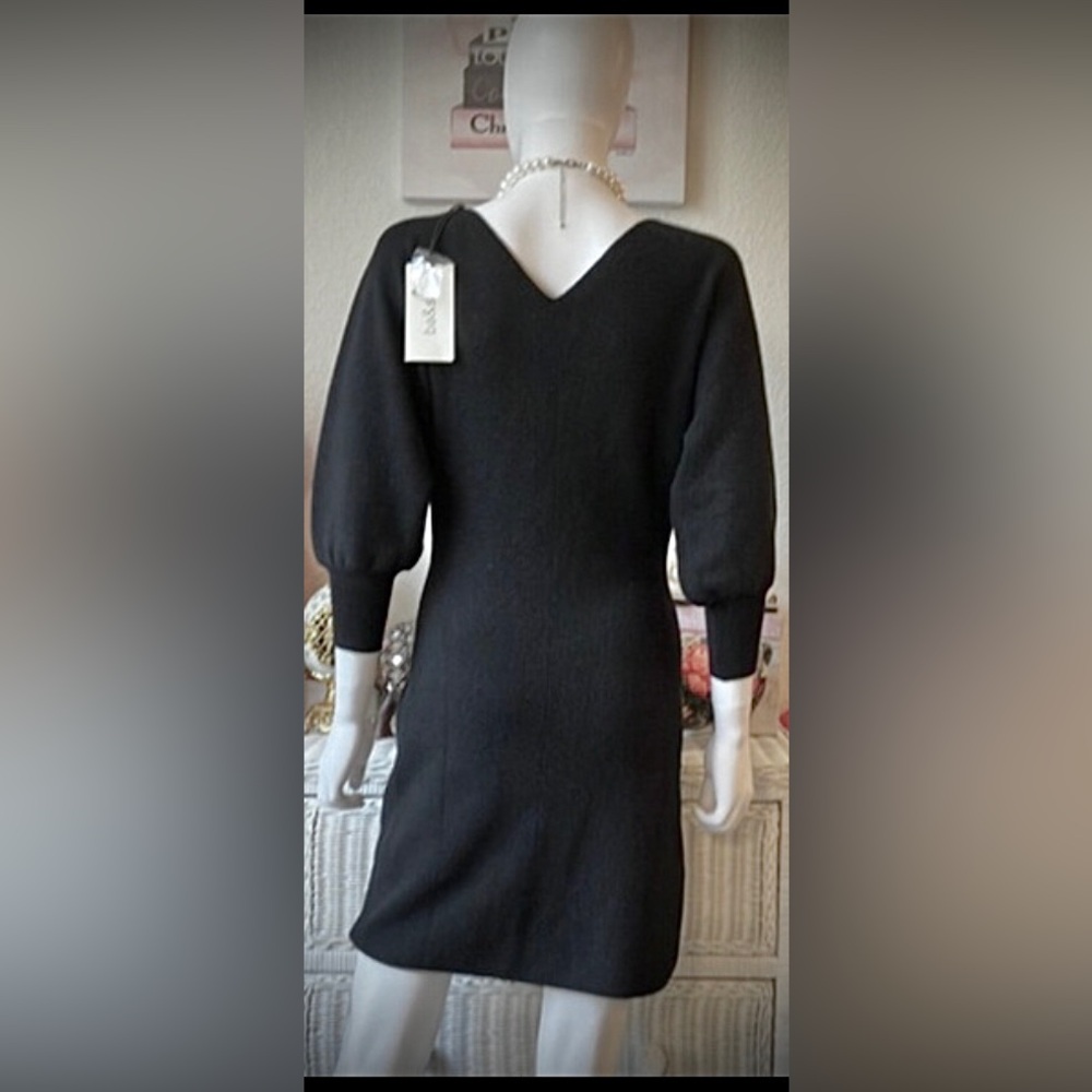 ba&sh Black Long Sleeve V‑Neck Puff Sleeve Knit Dress